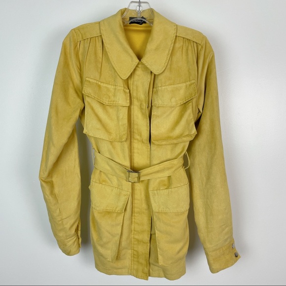PRETTYLITTLETHING Mustard Yellow Faux Suede Pocket Detail Jacket + Shorts SZ 2 - Picture 4 of 16